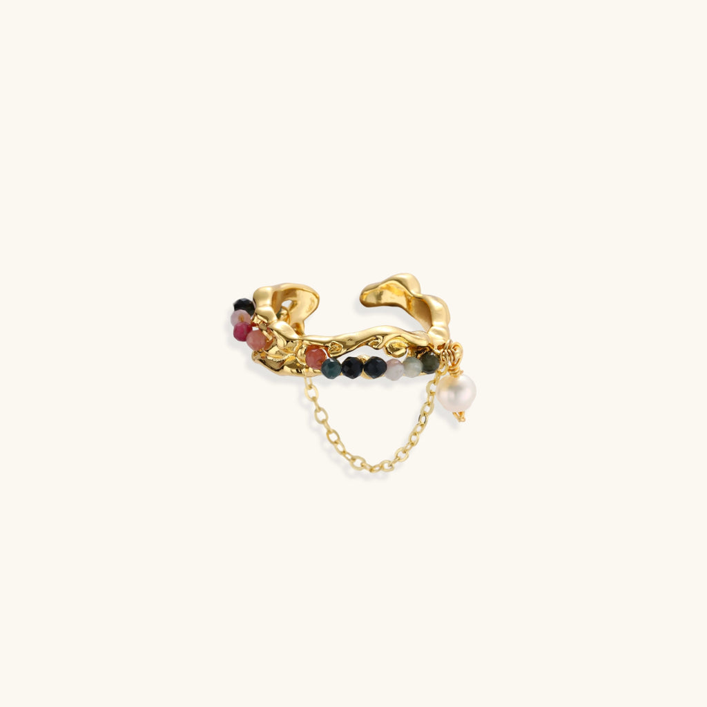 Gold sculptural cuff ring with multicolored tourmaline beads and baroque pearl drop on delicate chain